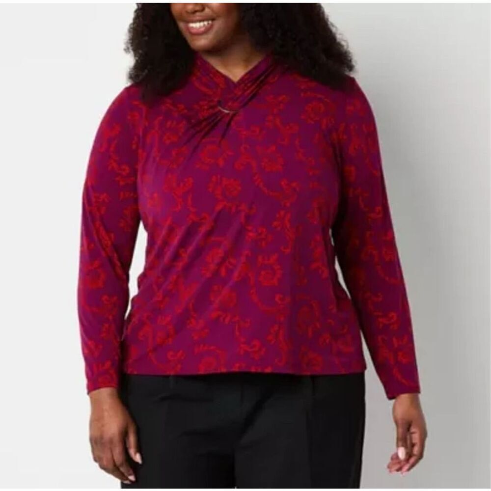 NWT LIZ CLAIBORNE Women’s Career Blouse 3X Magenta Scroll‎ Long Sleeve Stretch